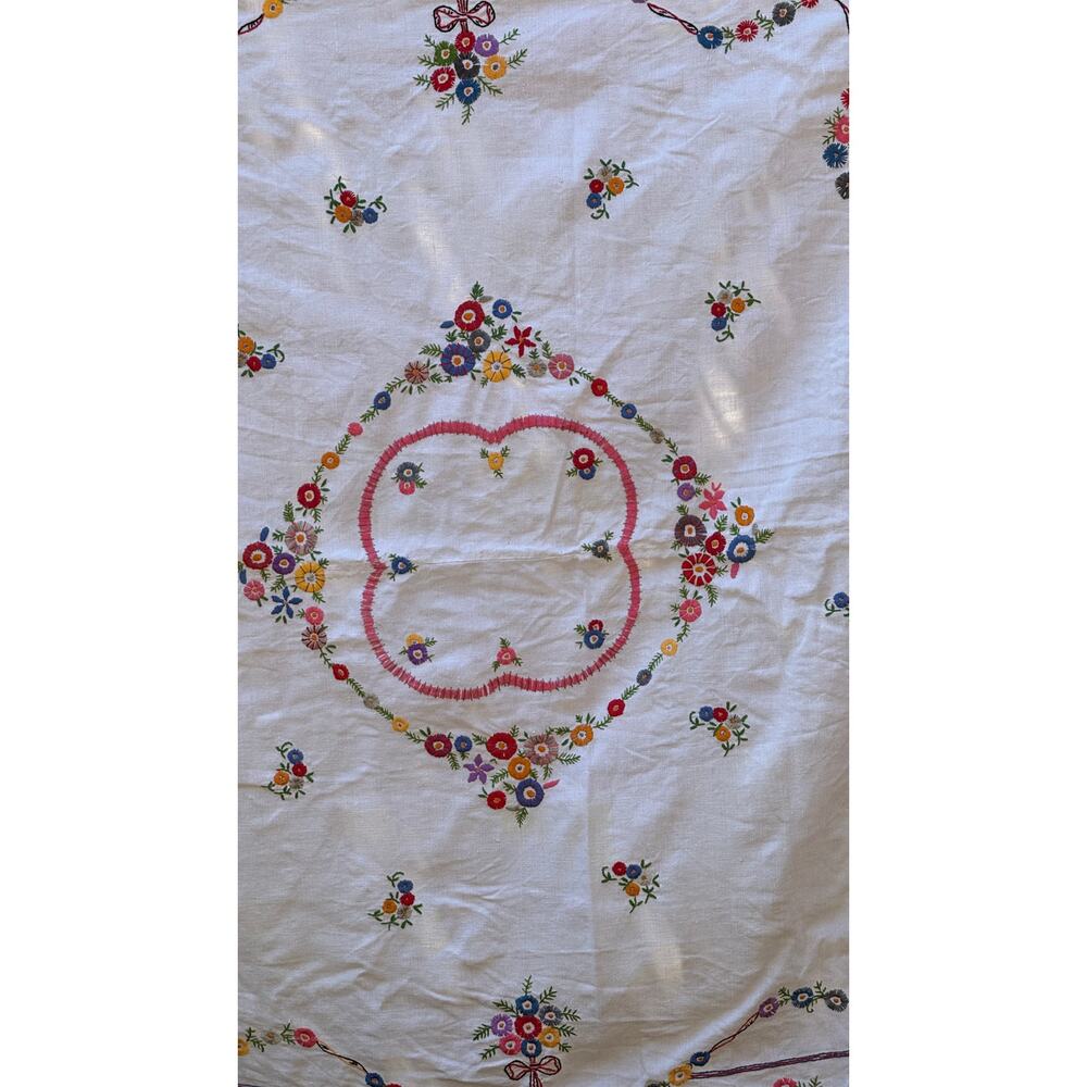 Vintage Hand Embroidered Linen Tablecloth 51"x55" Drawn Thread Lace Border - Picture 6 of 6